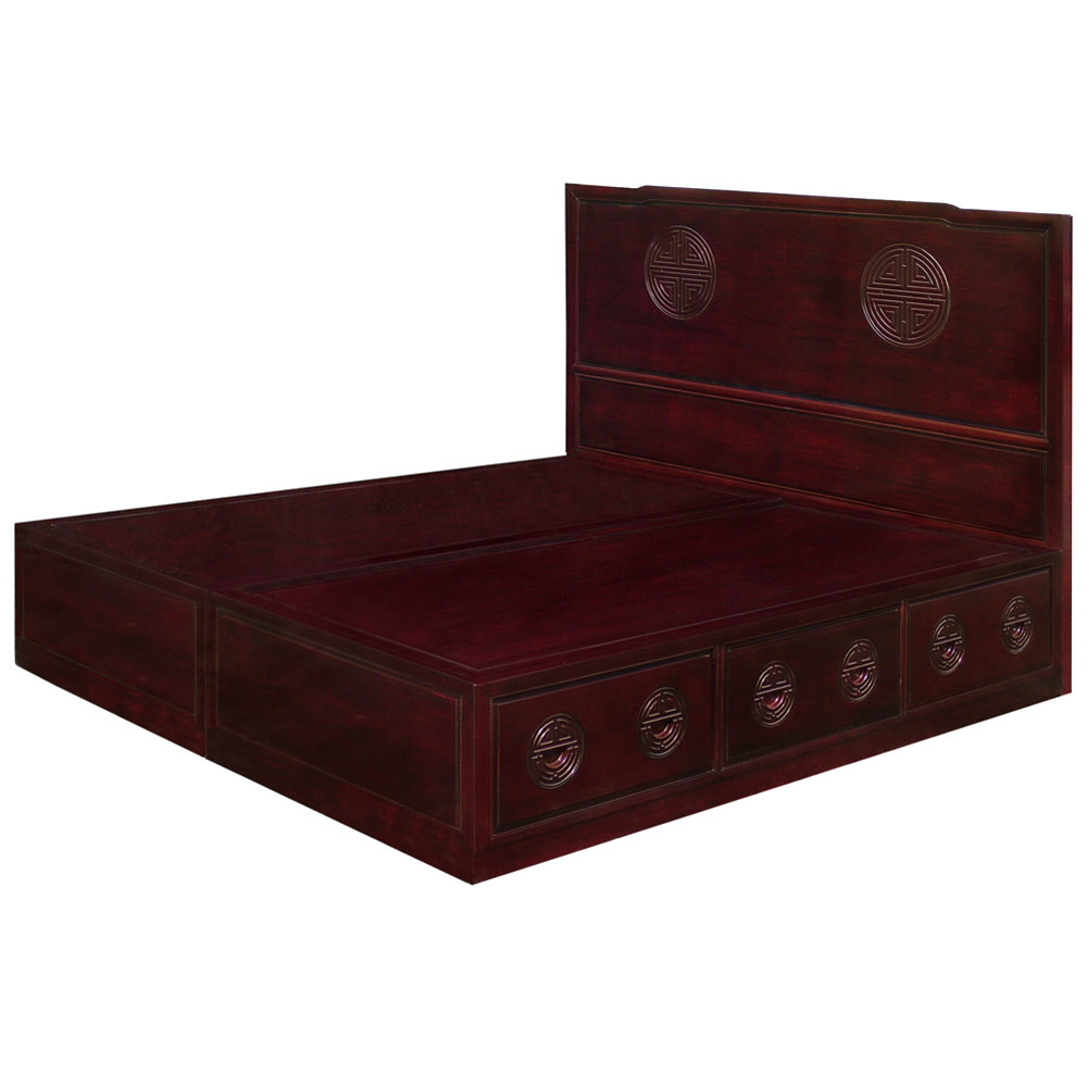 Dark Cherry Rosewood Longevity King Size Chinese Platform Bed with Drawers