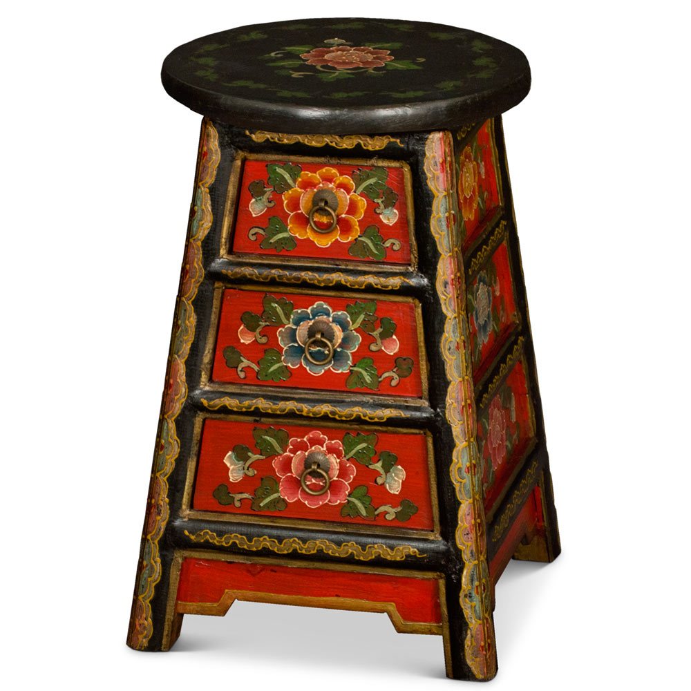 Distressed Red and Black Tibetan Stool with Drawers