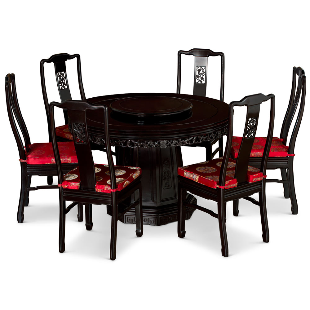 48in Dark Brown Rosewood Flower and Bird Round Oriental Dining Set with 6 Chairs