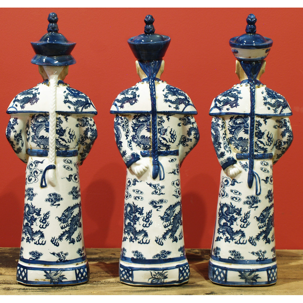 Blue and White Porcelain Qing Emperor Chinese Figurine Set