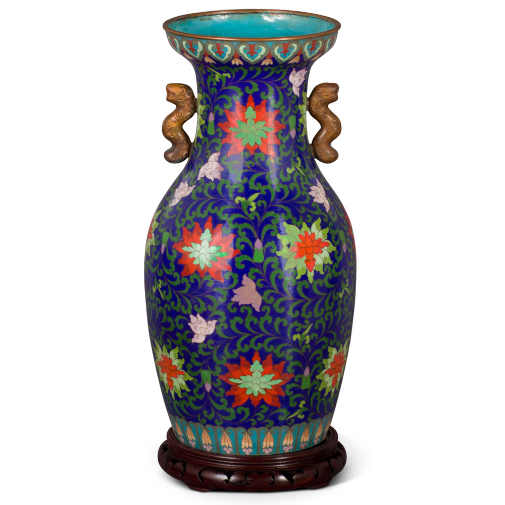 Vintage Royal Blue Floral Motif Chinese Cloisonne Vase