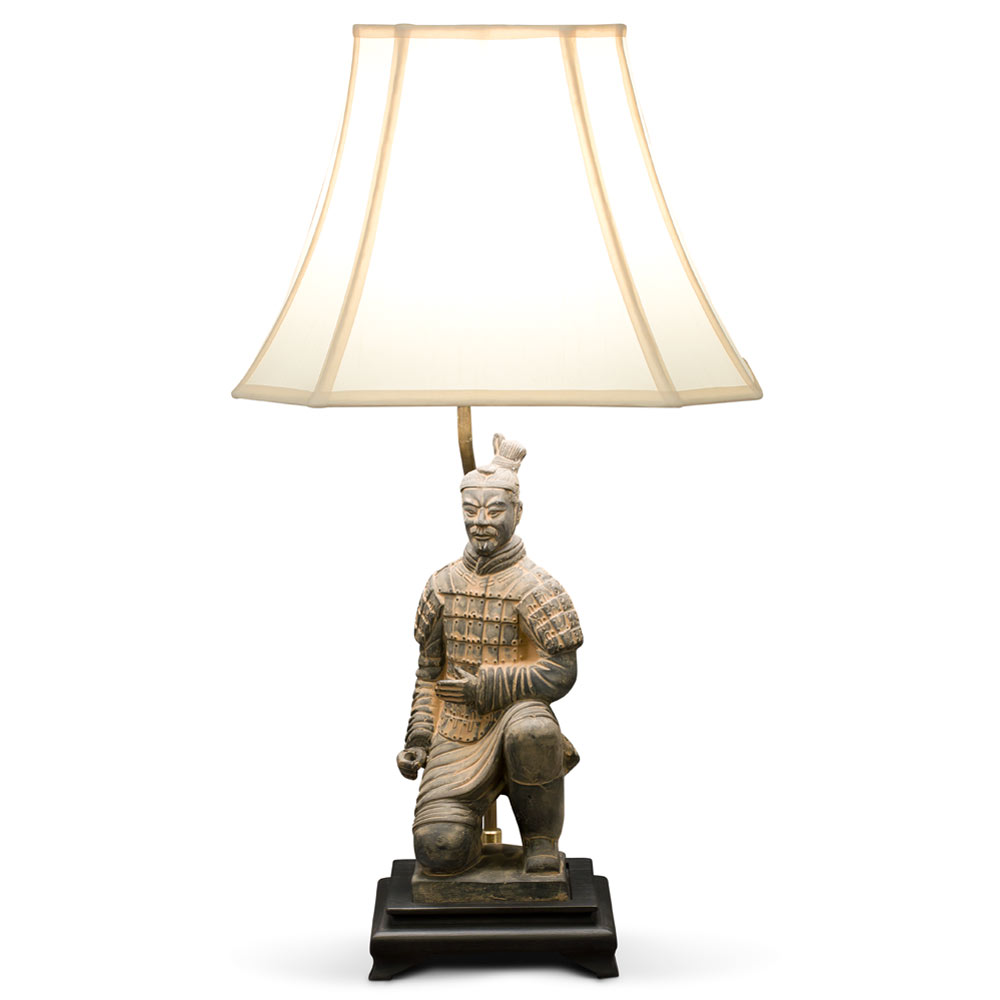 Terracotta Kneeling Archer Warrior Lamp with Beige Shade