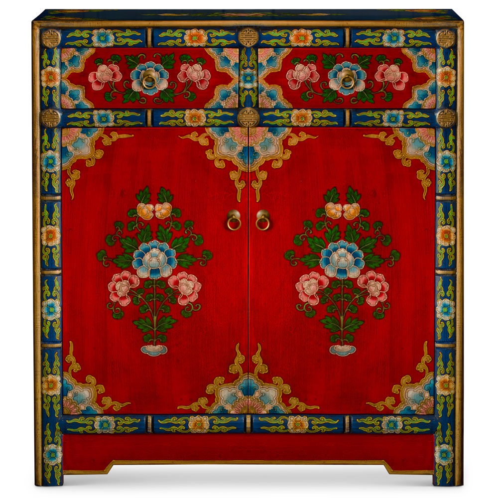 Hand Painted Red and Blue Peony Motif Tibetan Cabinet