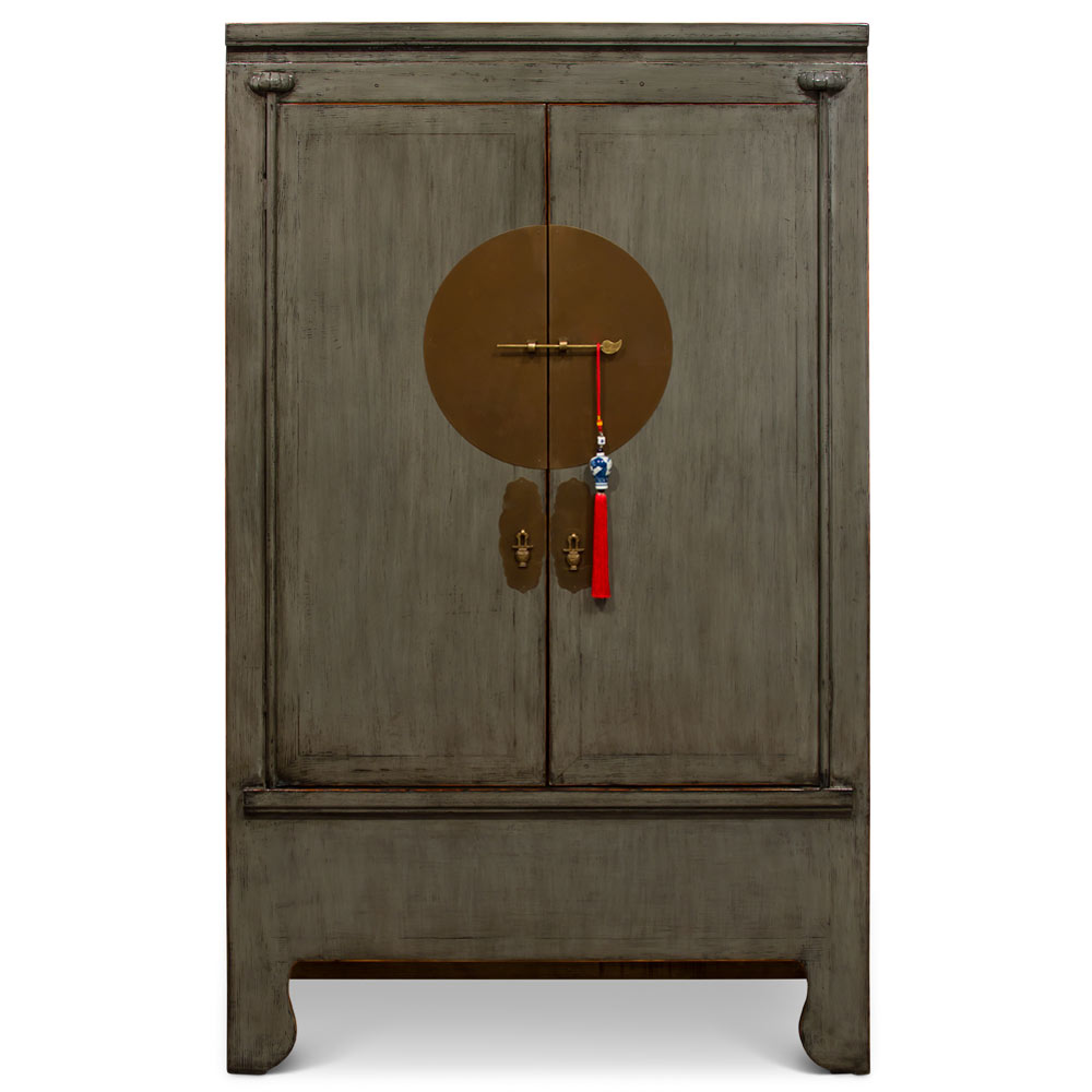 Distressed Earl Grey Elmwood Chinese Ming Wedding Cabinet Armoire