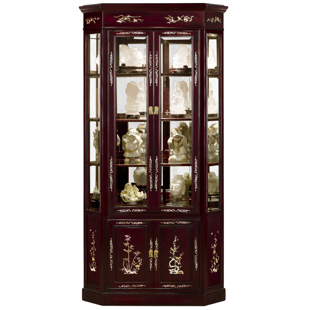 Dark Cherry Rosewood Oriental Corner Curio Cabinet with Mother of Pearl Inlay