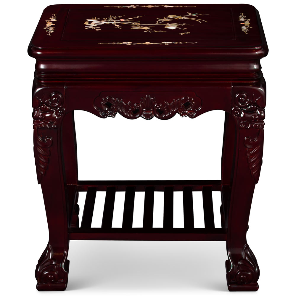 Rosewood Mother of Pearl Inlay Oriental Lamp Table with Shelf