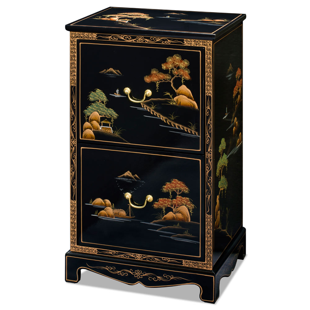 Chinoiserie Scenery Motif 2 Drawer Oriental File Cabinet
