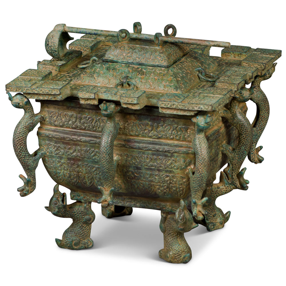 Bronze Patina Imperial Dragon Lidded Chinese Ding