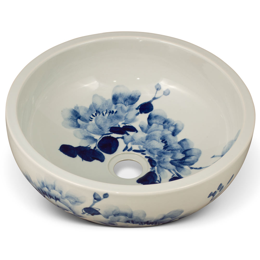 16in Blue and White Peony Motif Oriental Porcelain Basin