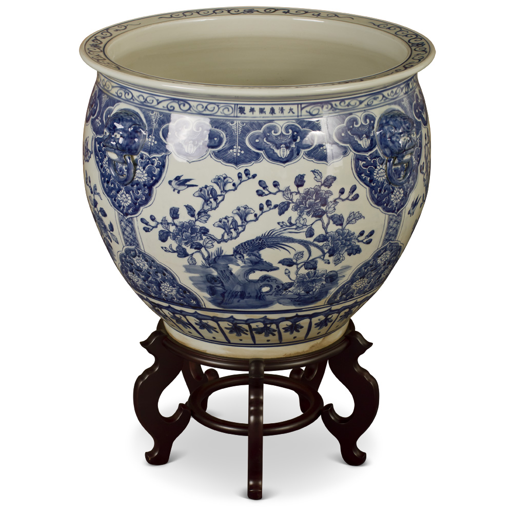 23 Inch Blue and White Porcelain Bird and Flower Motif Oriental Fishbowl Planter