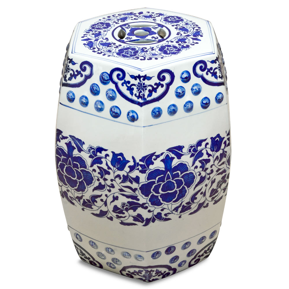 Blue and White Porcelain Peony Motif Asian Garden Stool