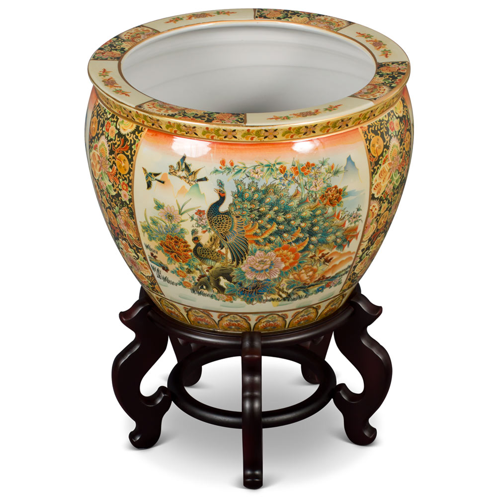 16 Inch Hand Painted Satsuma Peacock Design Porcelain Chinese Fishbowl Planter