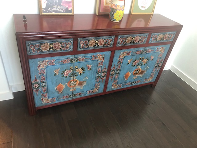 Customer's Asian elmwood tibetan painted red blue cabinet sideboard