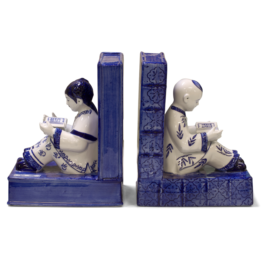 Blue and White Porcelain Reading Boy and Girl Asian Bookends