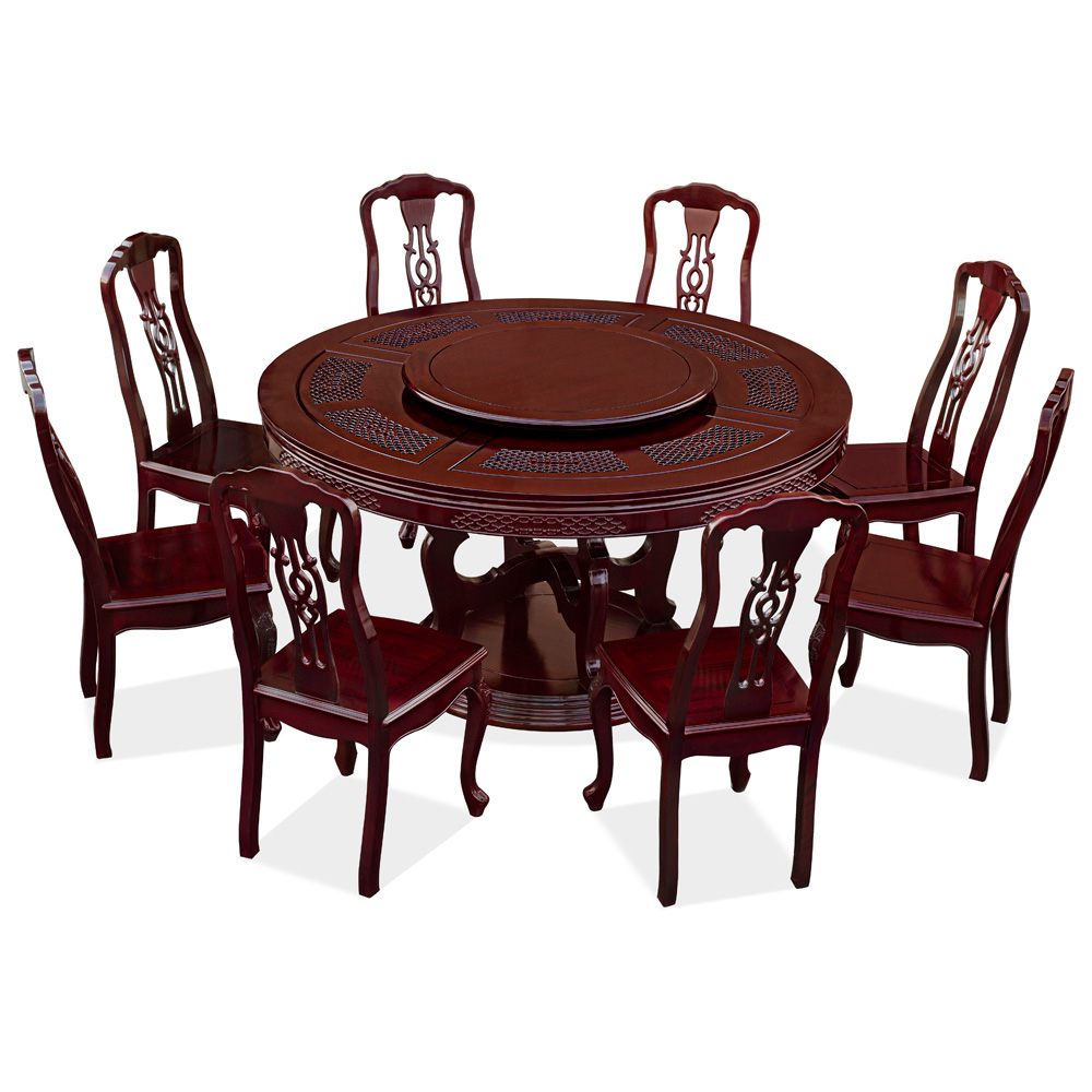 60in Rosewood Round Dining Table with 8 Chairs, Chinese Coin and Clouds Motif