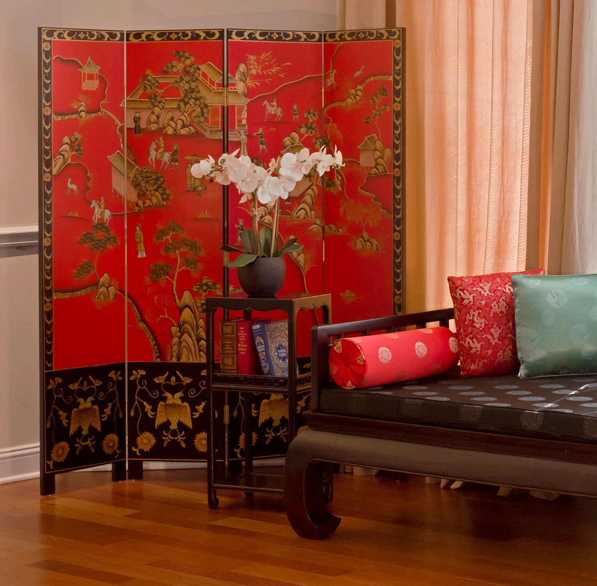 red chinoiserie floor screen
