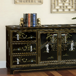 Asian Style Lacquered Furniture with Mother of Pearl Figurine Designs