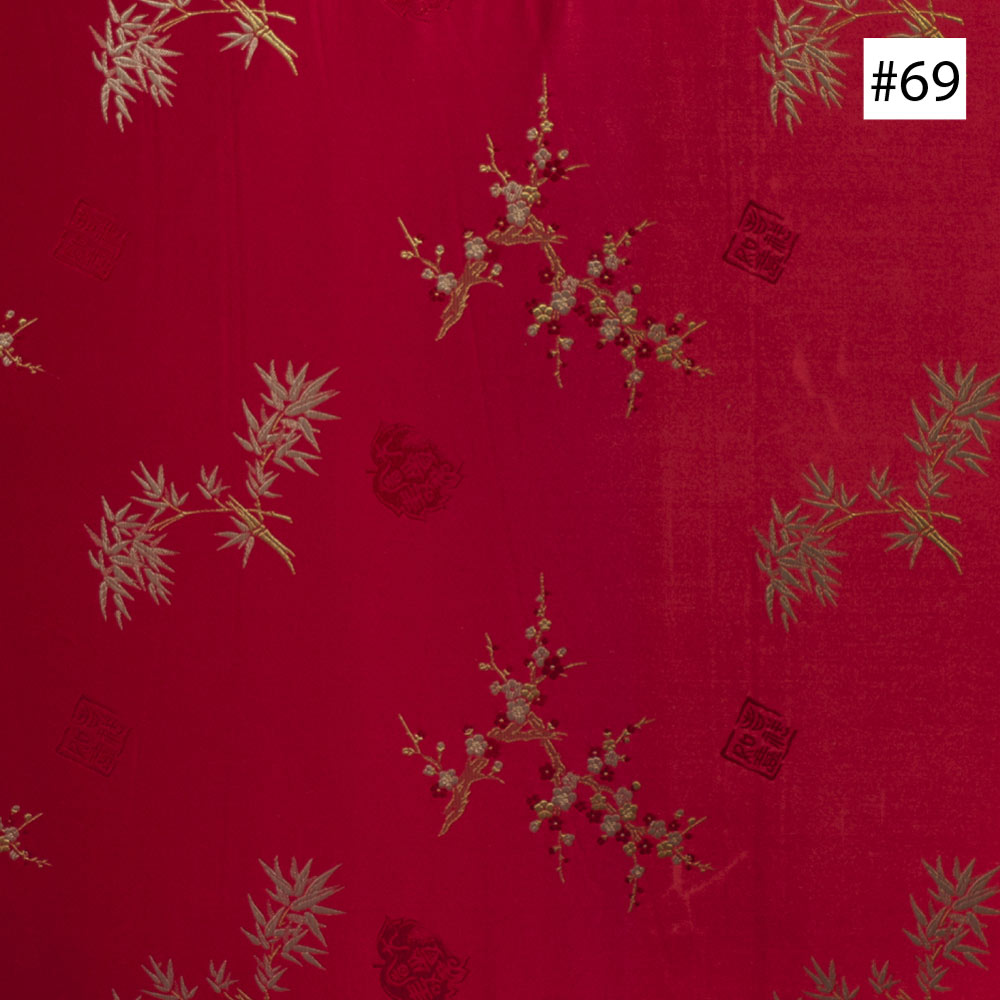 Cherry Blossom and Bamboo Design  Red Silk Fabric (#69)