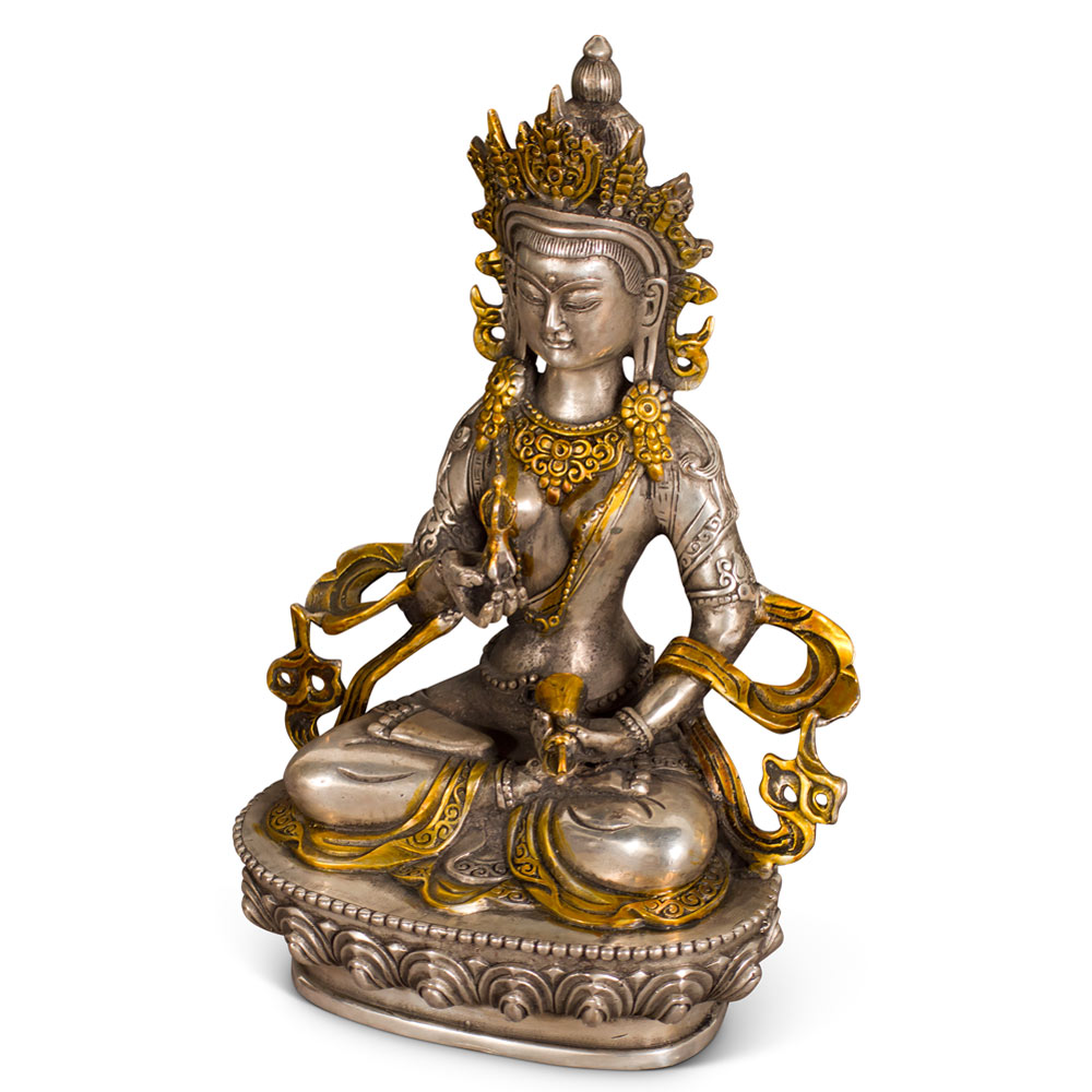 Silver Plated Tibetan Guan Yin Bodhisattva Buddha Statue