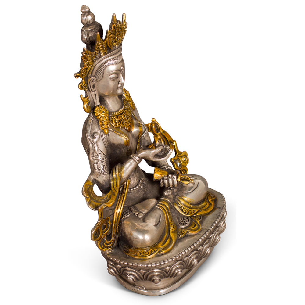 Silver Plated Tibetan Guan Yin Bodhisattva Buddha Statue