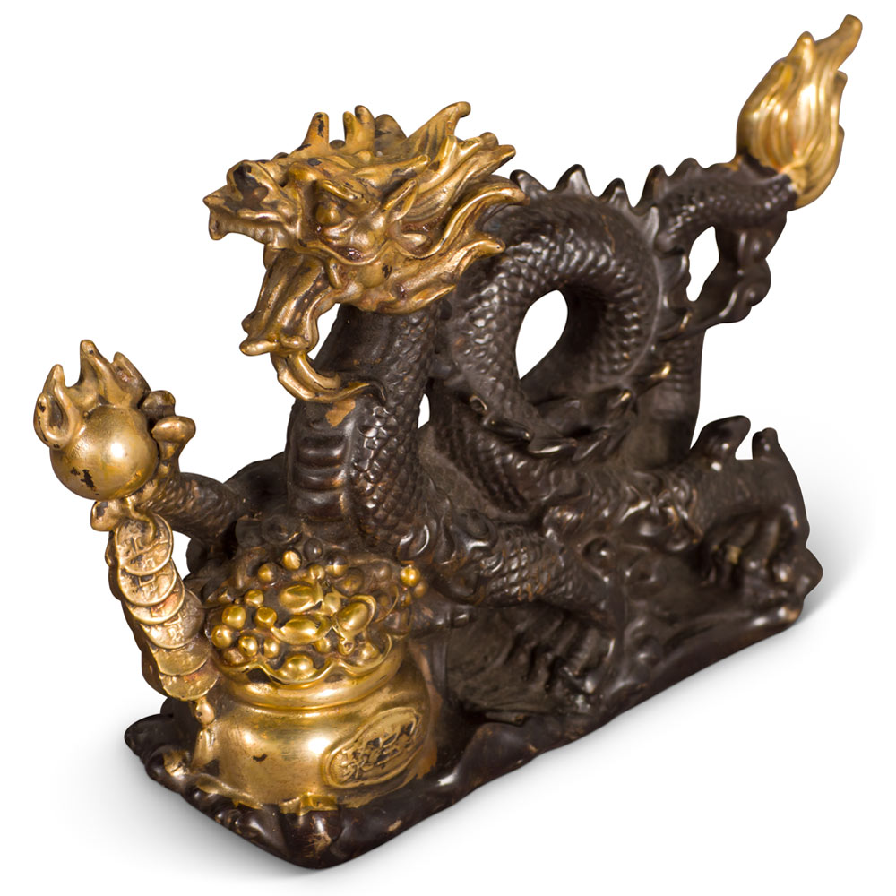 Bronze Chinese Dragon with Flaming Pearl Figurine