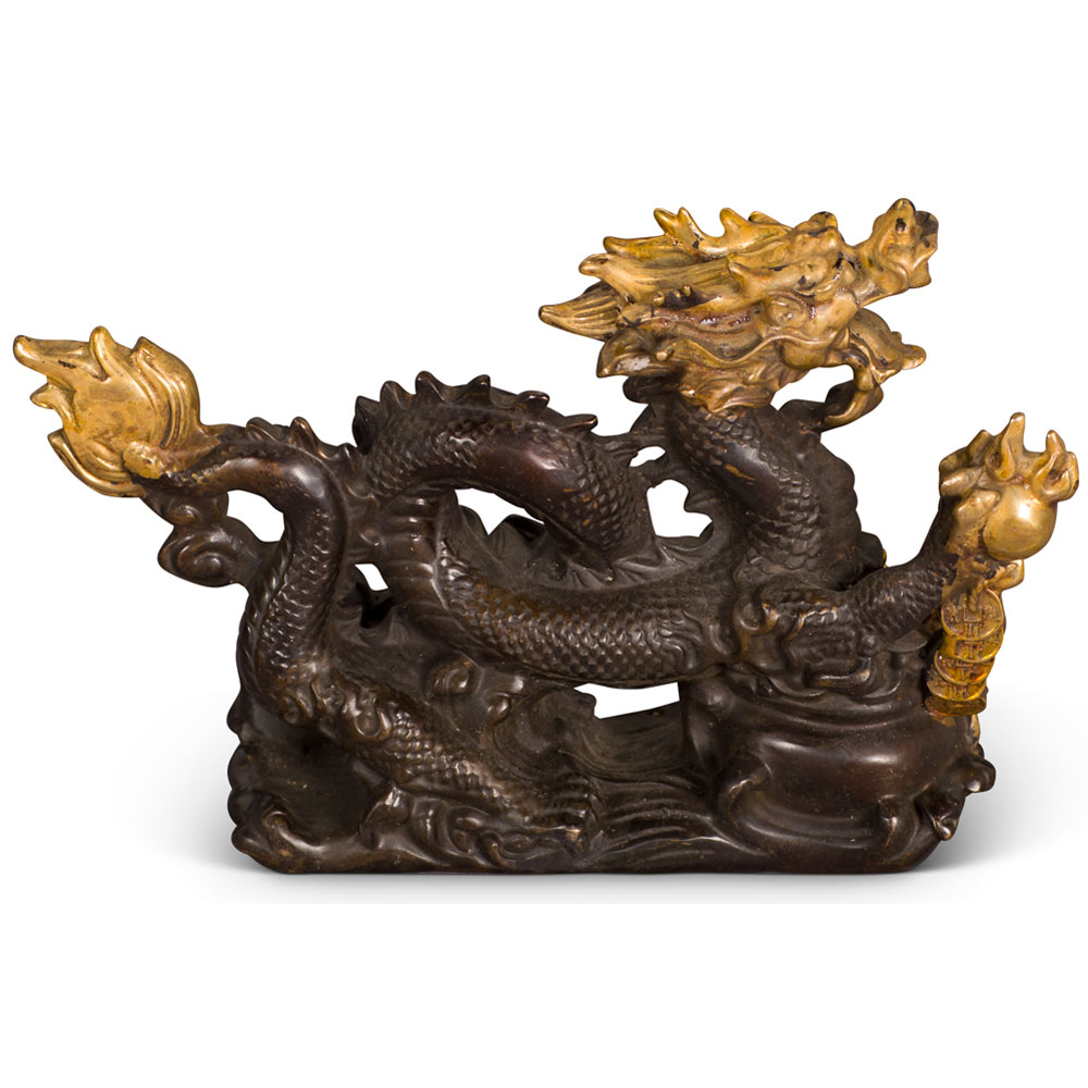 Bronze Chinese Dragon with Flaming Pearl Figurine