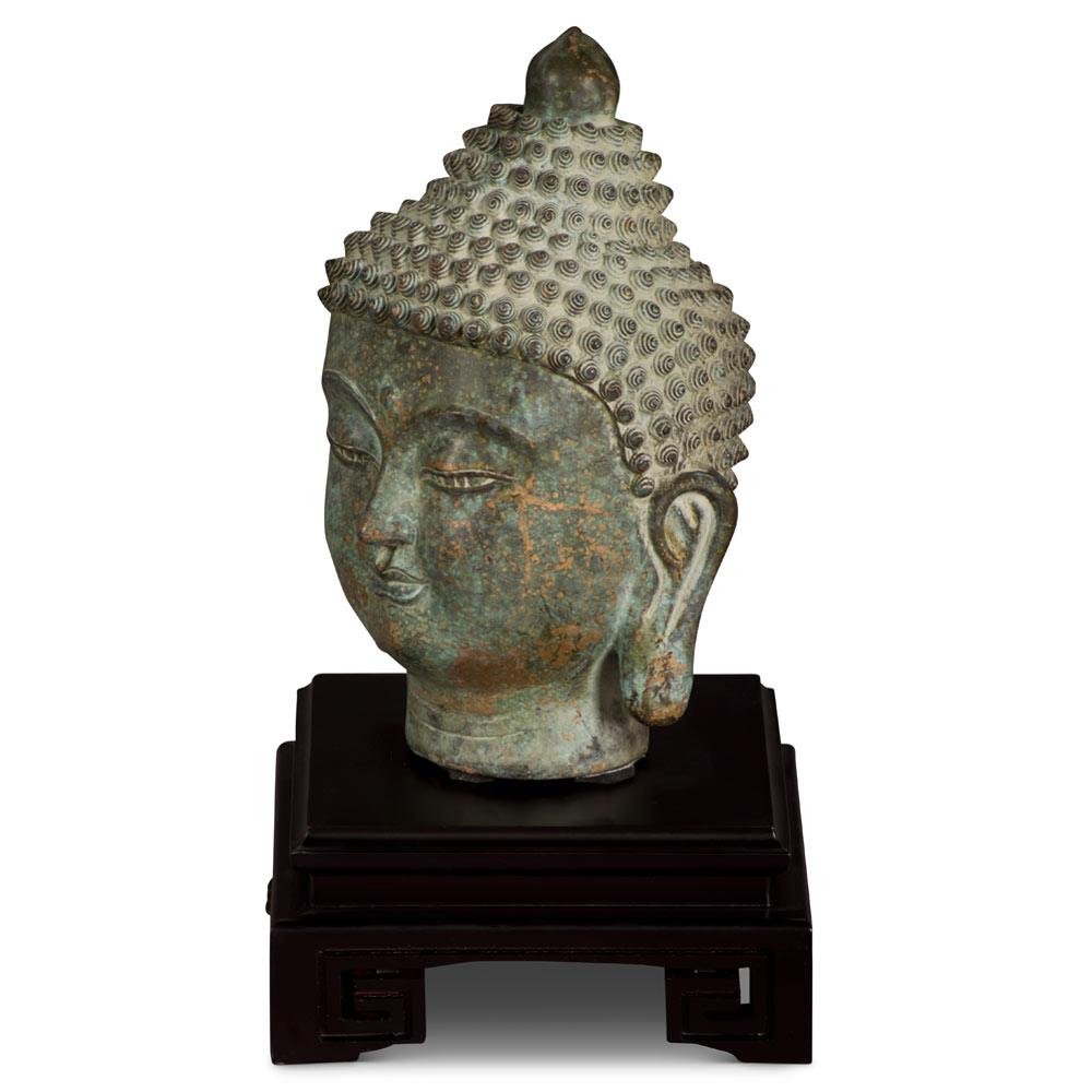 Bronze Enlightened Buddha Head Asian Statue