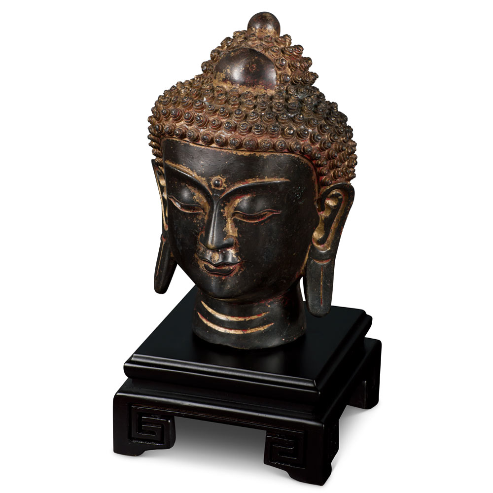 Black Bronze Meditating Buddha Head Asian Statue