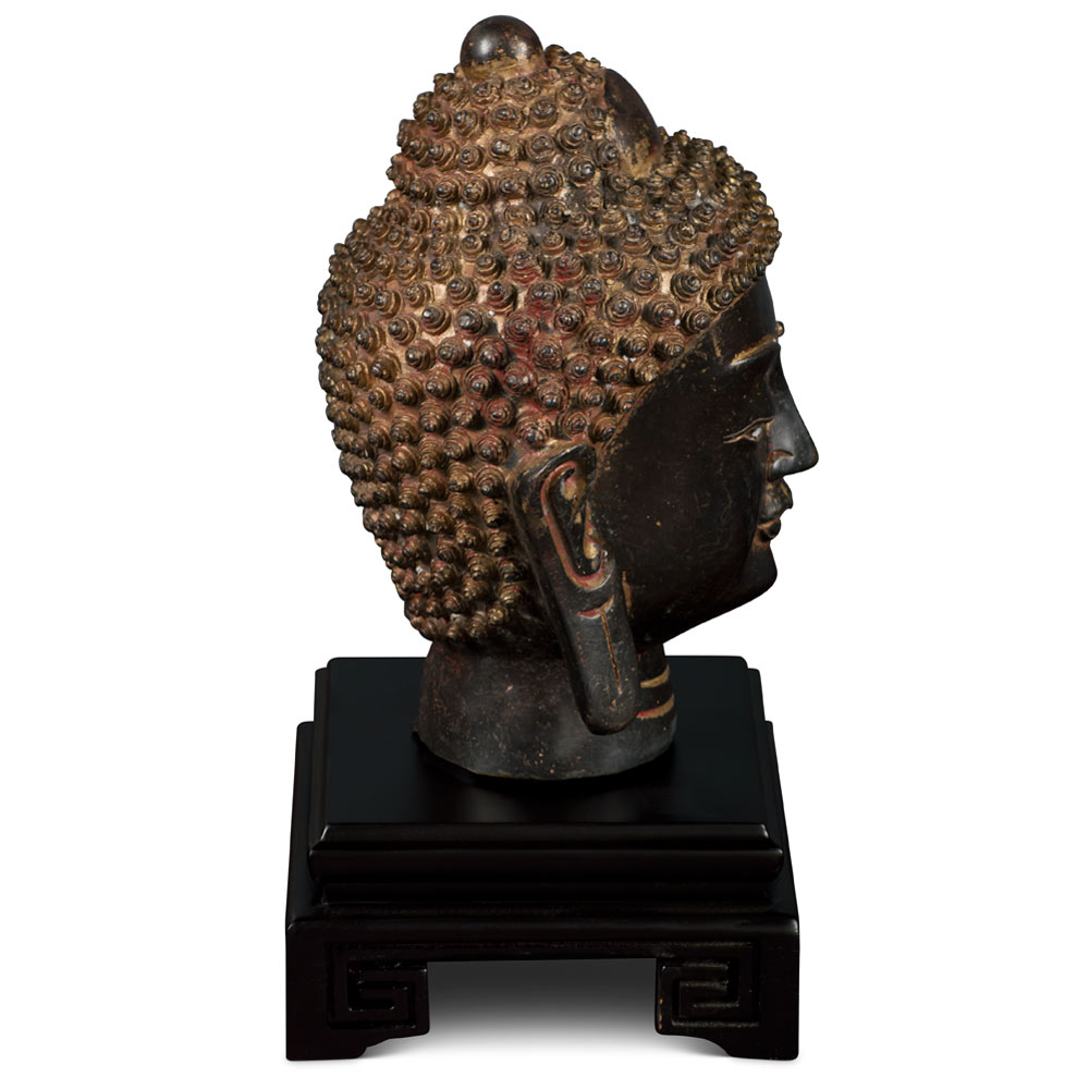 Black Bronze Meditating Buddha Head Asian Statue