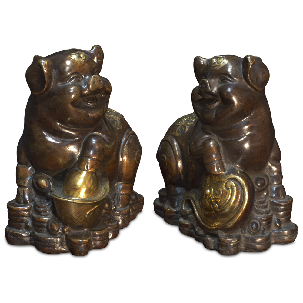 Bronze Lucky Boars Chinese Figurines Set