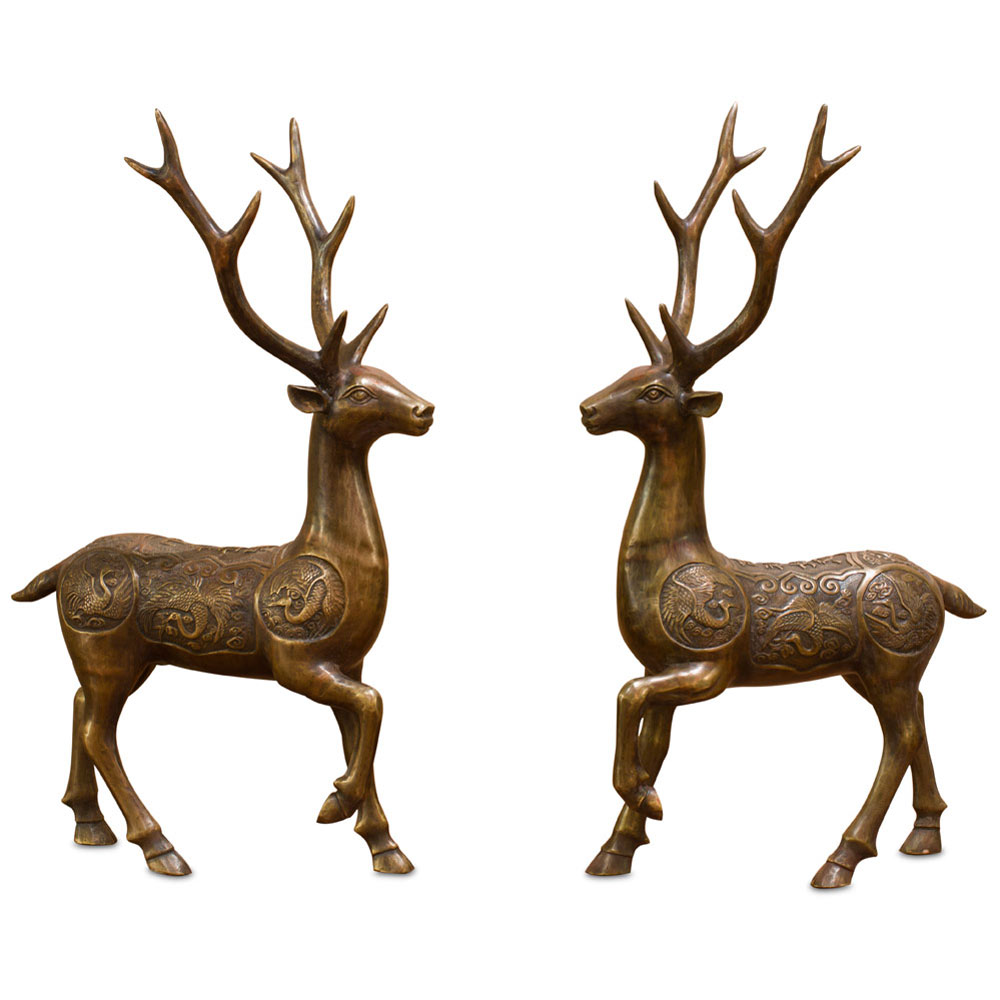 Bronze Chinese Prosperity Ring Deer Statues