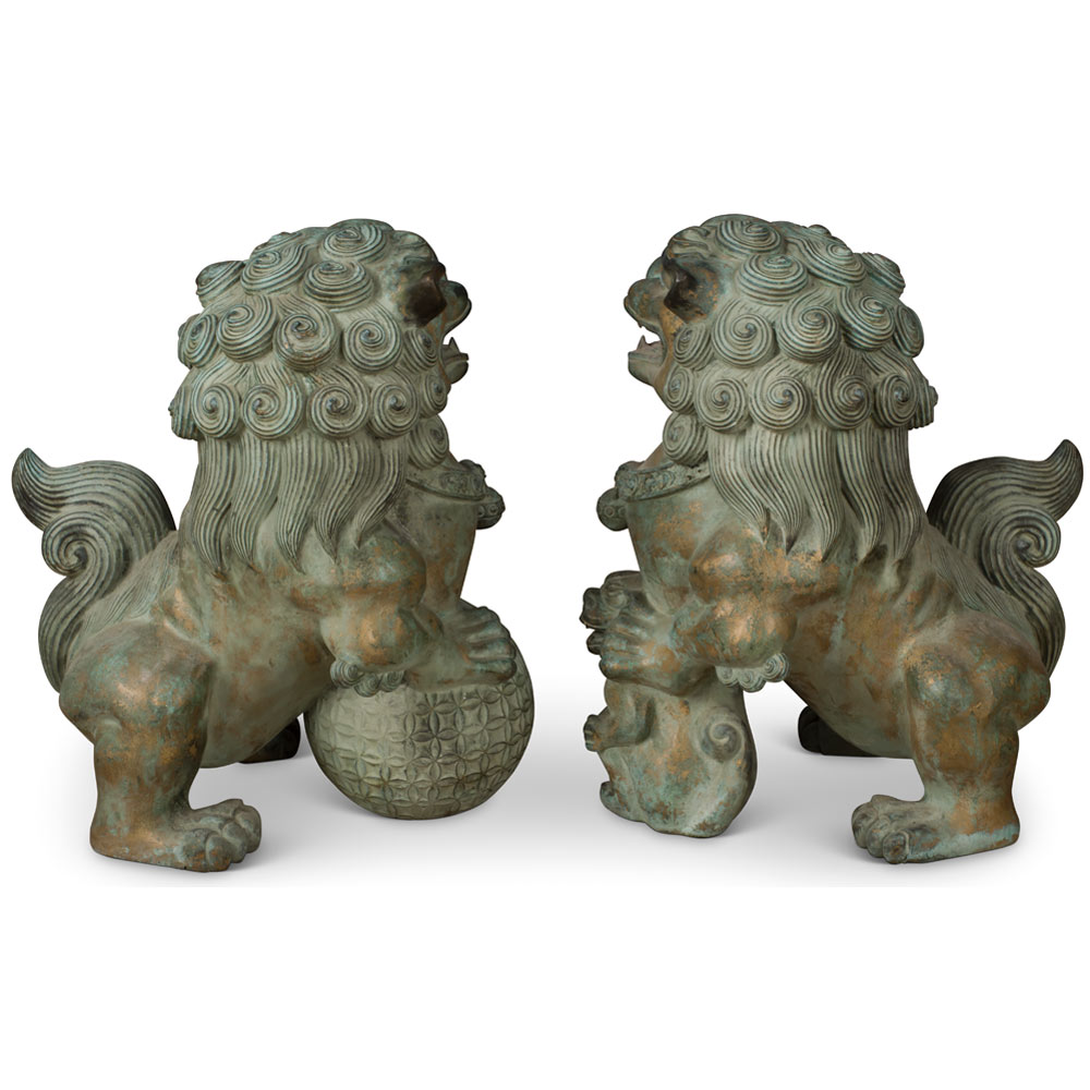 Hand Forged Grand Bronze Chinese Imperial Palace Foo Dogs Figurine Set