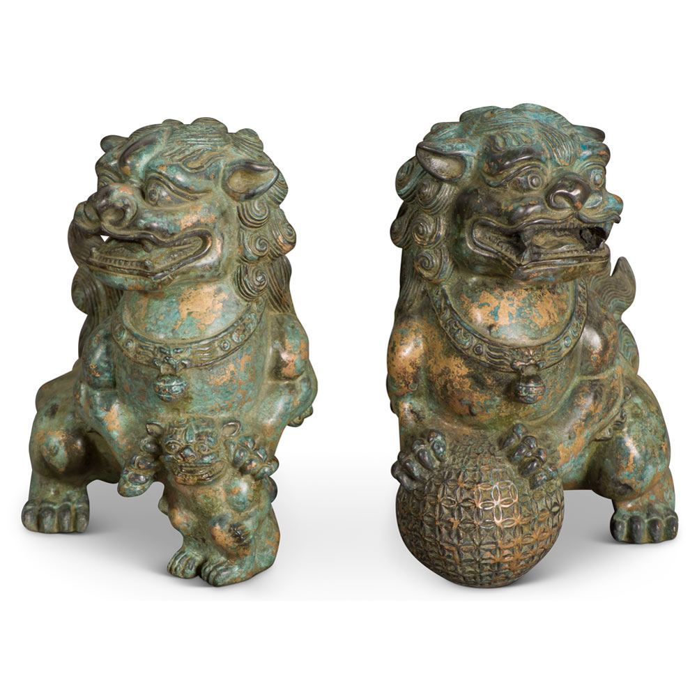 Hand Forged Bronze Chinese Imperial Palace Foo Dogs Figurine Set