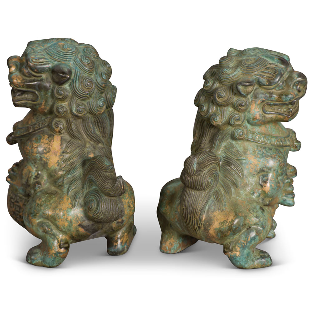 Hand Forged Bronze Chinese Imperial Palace Foo Dogs Figurine Set