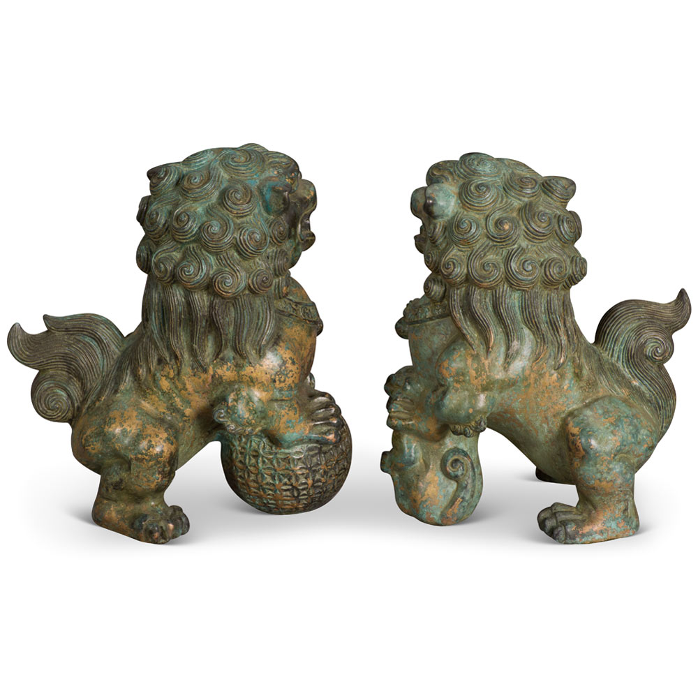 Hand Forged Bronze Chinese Imperial Palace Foo Dogs Figurine Set