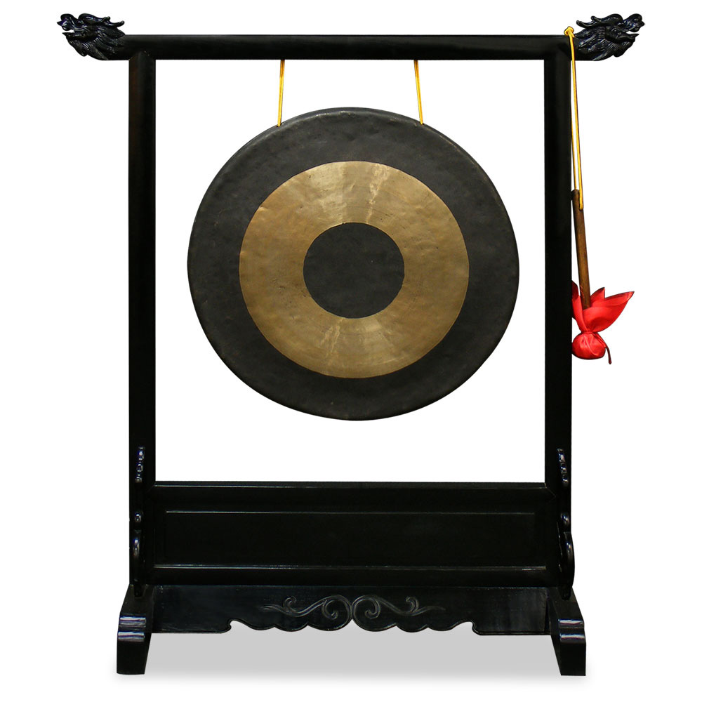 Brass Chinese Temple Gong With Black Elmwood Dragon Frame