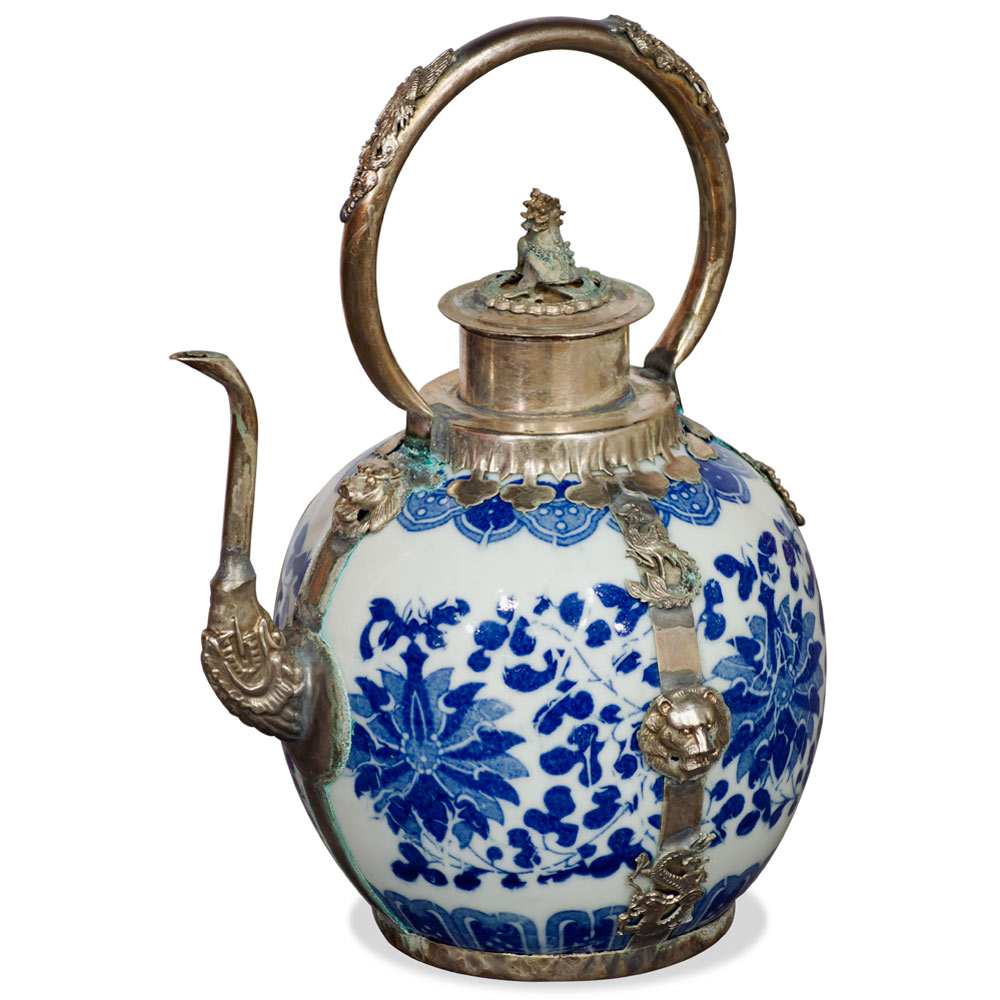 Blue and White Tibetan Porcelain Teapot with Brass Embellishments