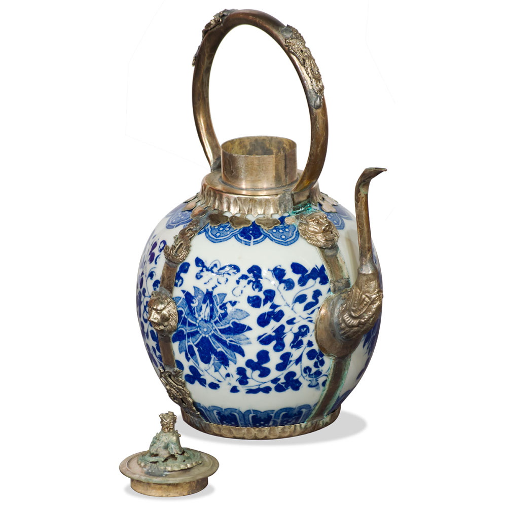 Blue and White Tibetan Porcelain Teapot with Brass Embellishments