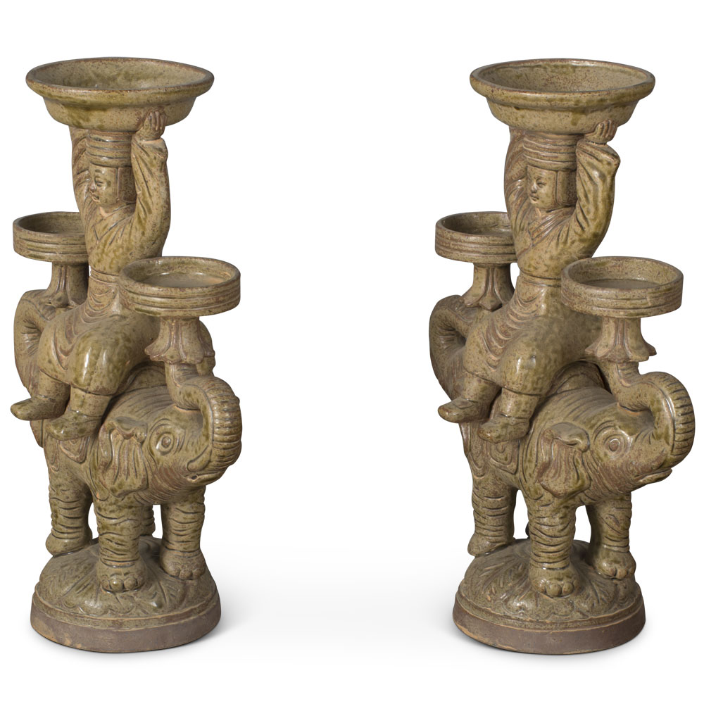 Ceramic Attendant on Elephants Candle Holder Set