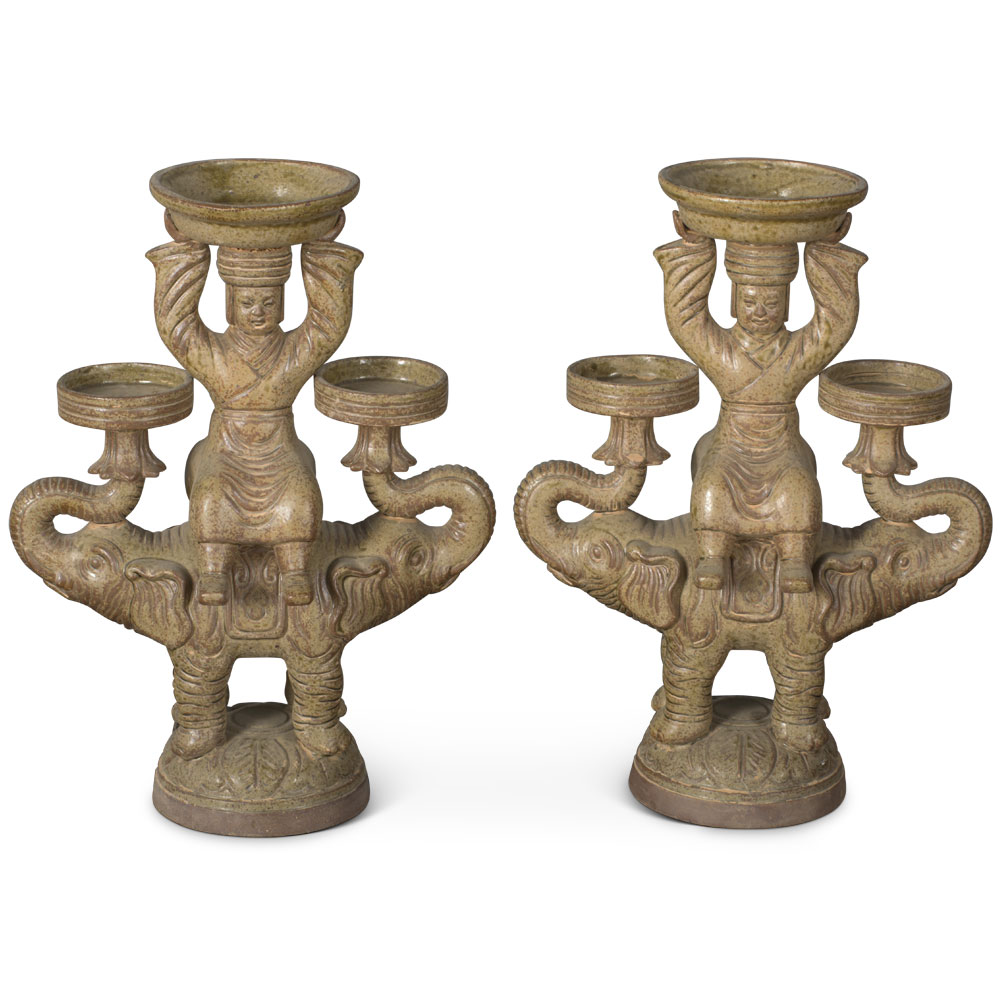 Ceramic Attendant on Elephants Candle Holder Set