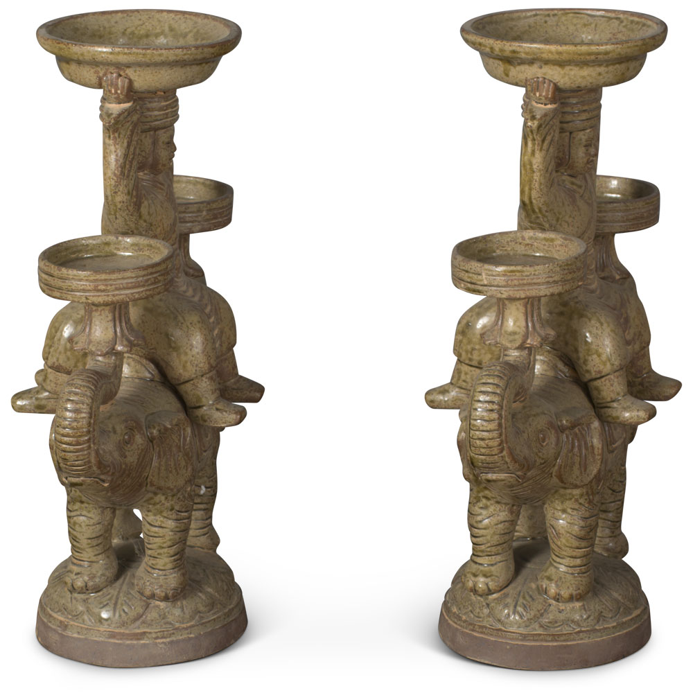 Ceramic Attendant on Elephants Candle Holder Set