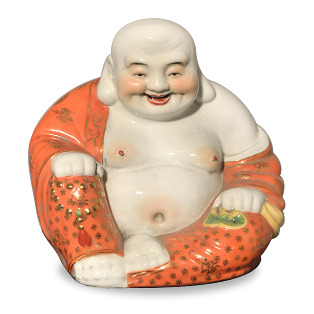 Porcelain Happy Buddha Asian Figurine in Salmon Colored Robe