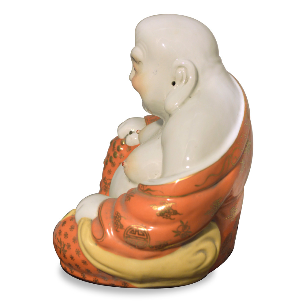 Porcelain Happy Buddha Asian Figurine in Salmon Colored Robe