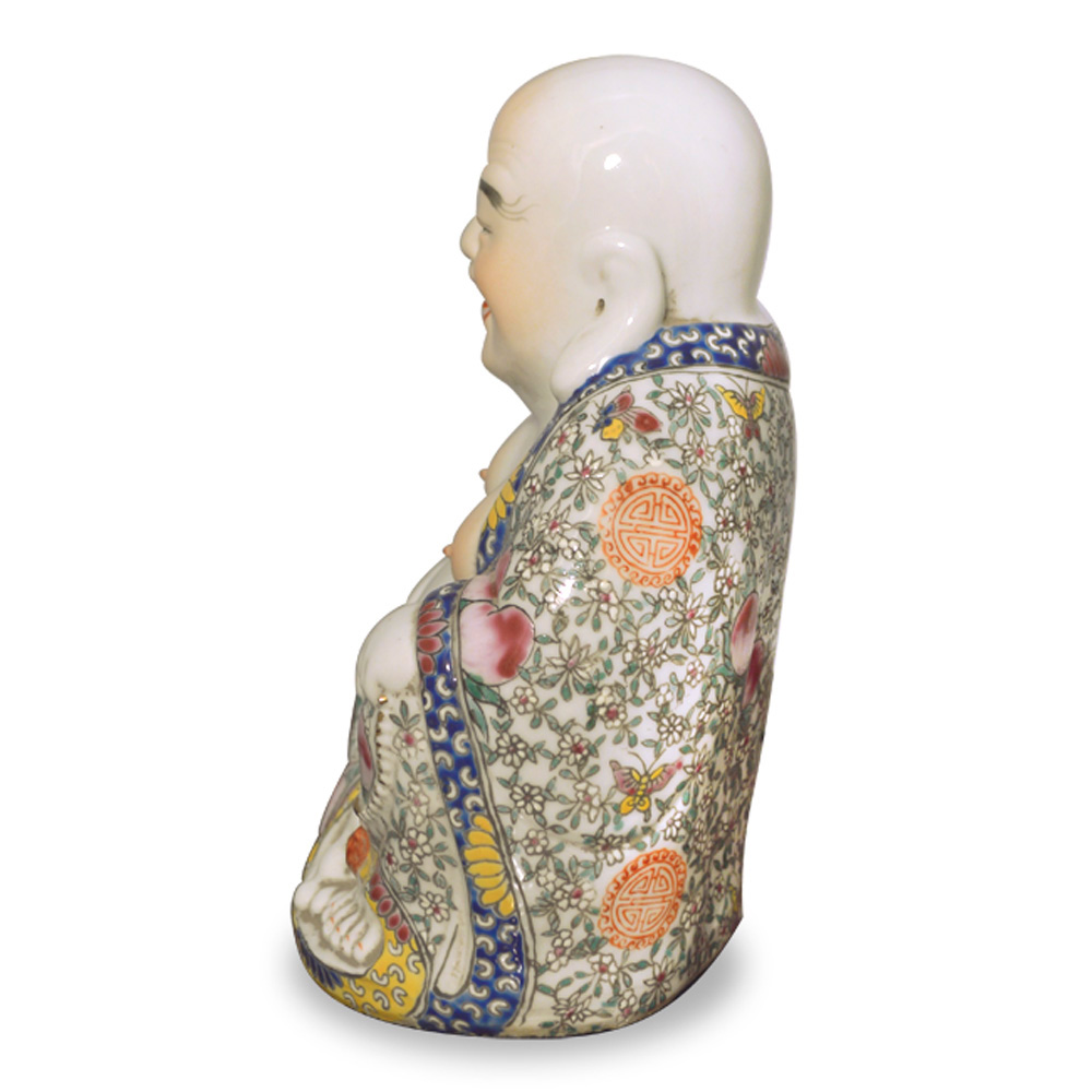 Porcelain Happy Buddha in a Robe with Blue Accent