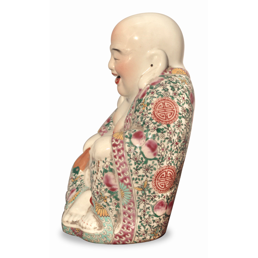 Porcelain Happy Buddha Asian Figurine in Floral Robe