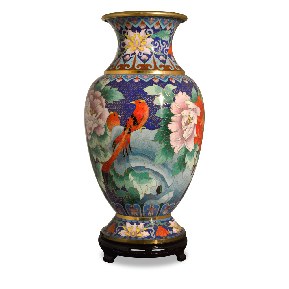 Blue Peony and Birds Cloisonne Vase