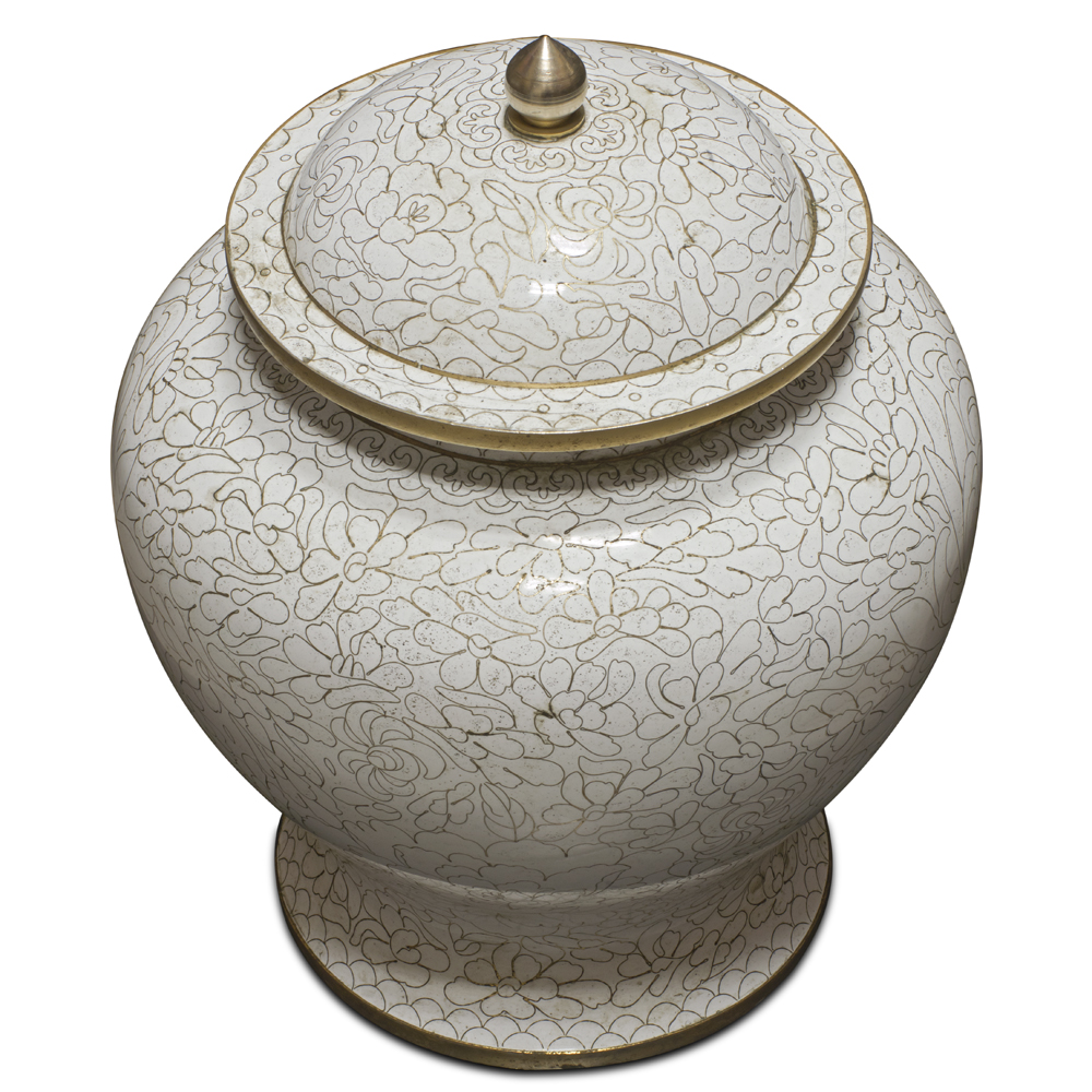 White Peony Flower Motif Oriental Cloisonne Jar