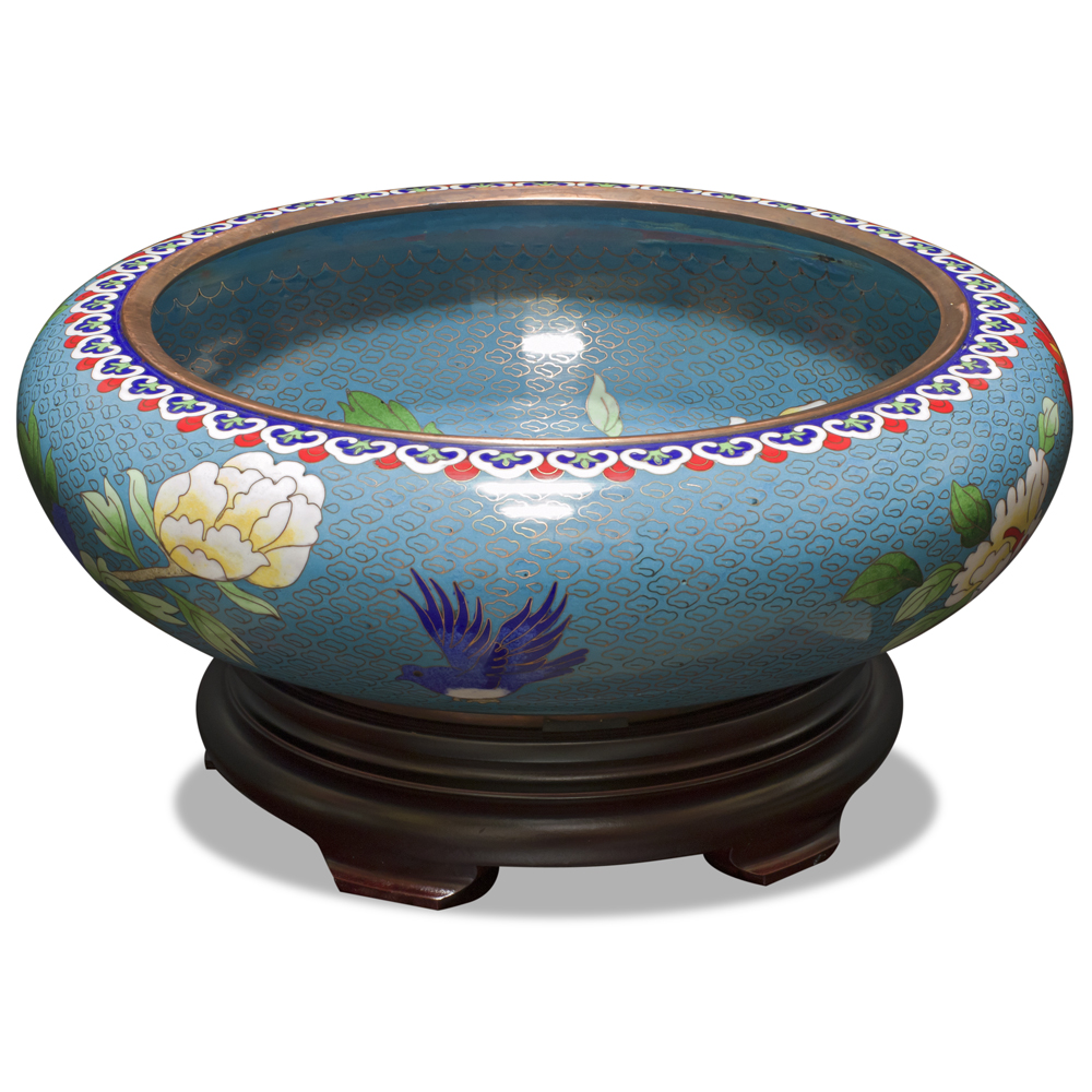 Blue Bird and Flower Motif Oriental Cloisonne Bowl