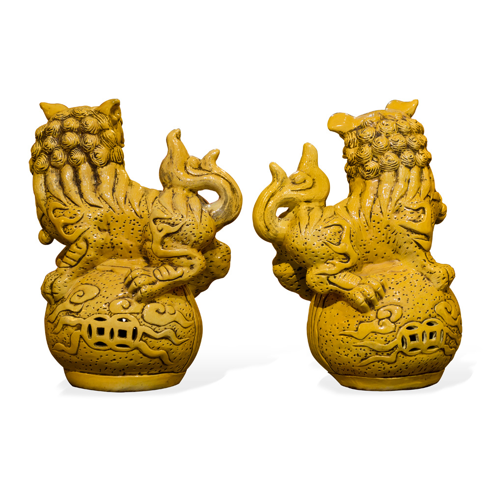 Yellow Imperial Porcelain Chinese Foo Dog Set