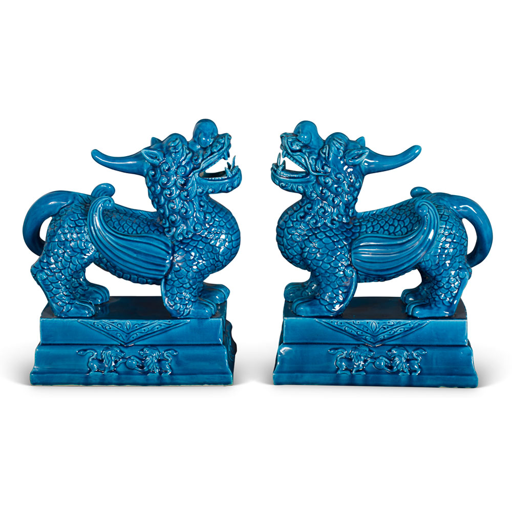 Blue Porcelain Standing Chinese Pixiu Set